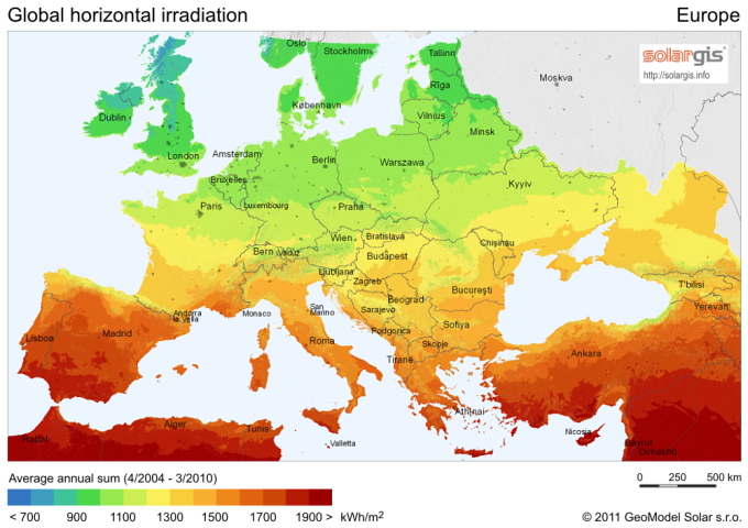 Солнечное излучение в Европе. Фото: solargis.info