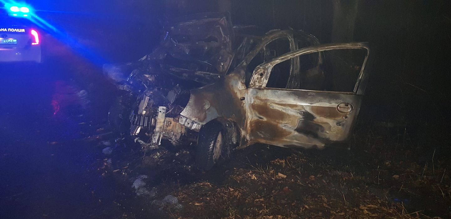 Под Харьковом пожарные ликвидировали пожар в автомобиле, который загорелся после столкновения с деревом