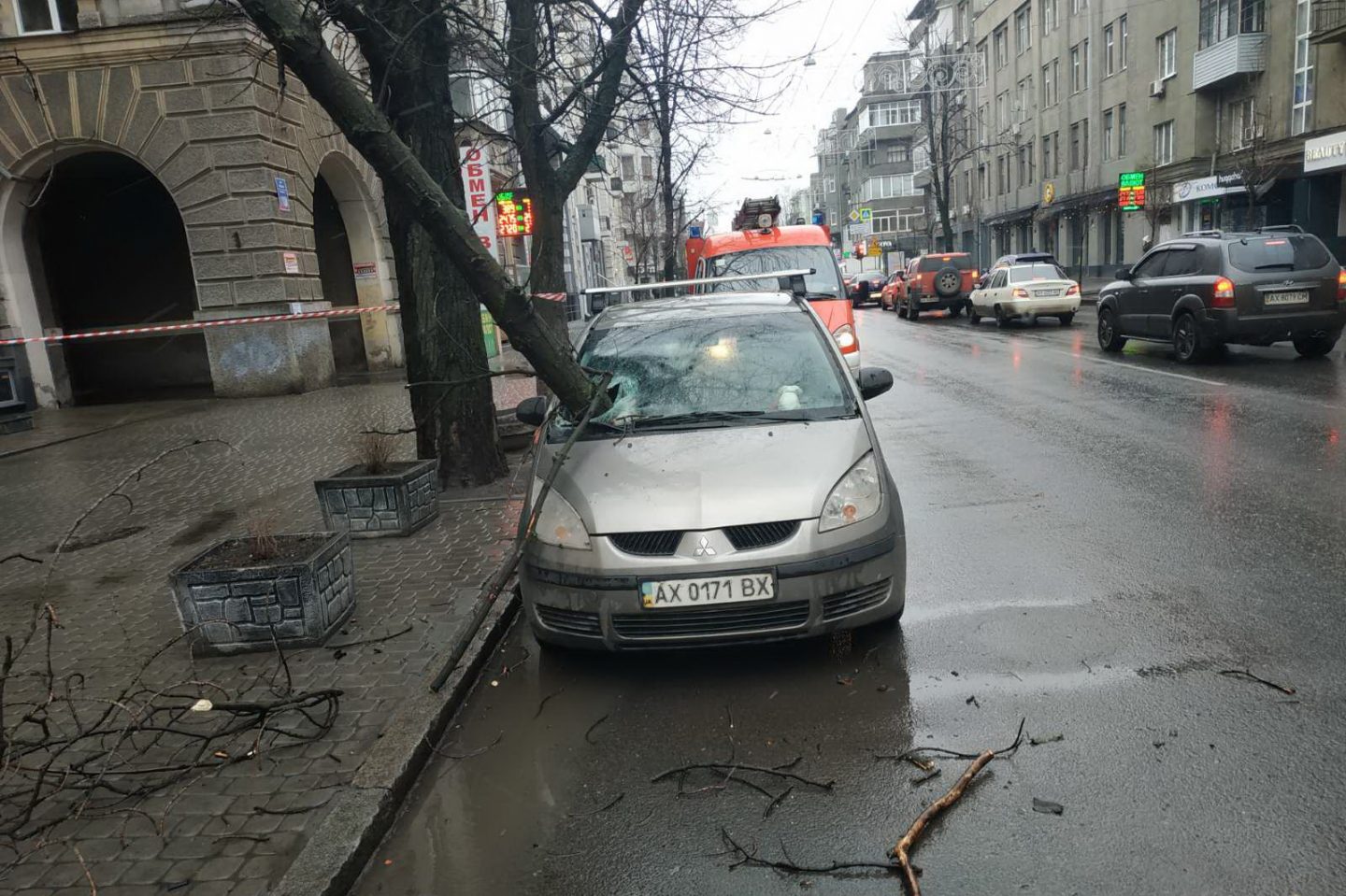 В центре Харькова дерево проткнуло лобовое стекло автомобиля
