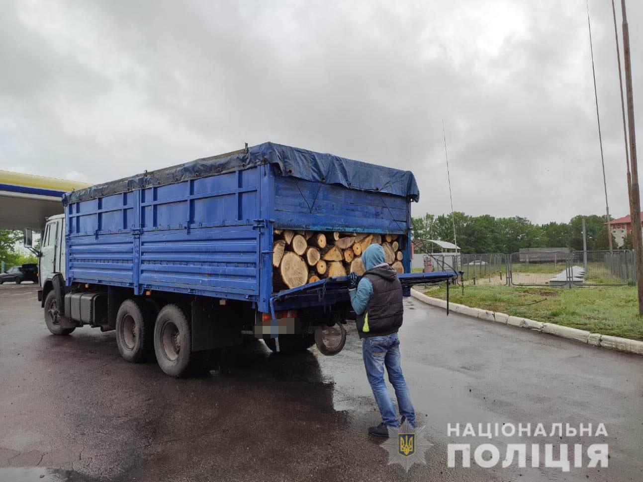 Под Харьковом полицейские остановили КАМАЗ, который перевозил незаконно срубленные дубы