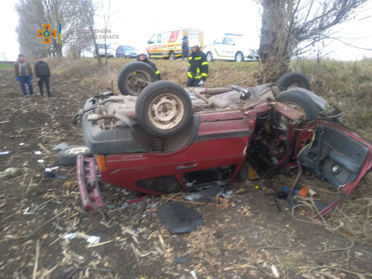В Харьковской области автомобиль врезался в дерево и перевернулся