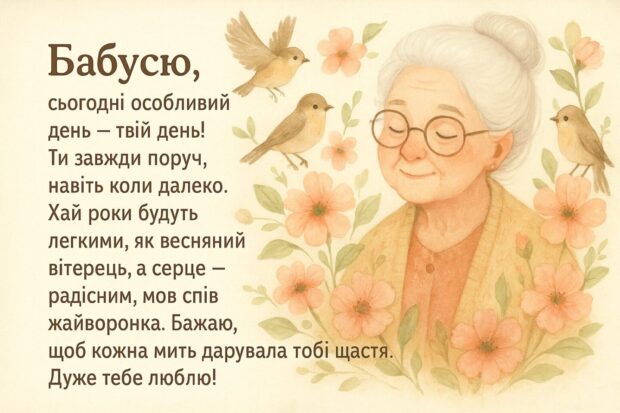 Бабусю, сьогодні особливий день — твій день! Ти завжди поруч, навіть коли далеко. Хай роки будуть легкими, як весняний вітерець, а серце — радісним, мов спів жайворонка. Бажаю, щоб кожна мить дарувала тобі щастя. Дуже тебе люблю!