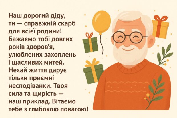 Наш дорогий діду, ти — справжній скарб для всієї родини! Бажаємо тобі довгих років у доброму здоров’ї, улюблених захоплень і щасливих митей. Нехай життя дарує тільки приємні несподіванки. Твоя сила та щирість — наш приклад. Вітаємо тебе з глибокою повагою та любов’ю!