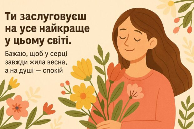 Ти заслуговуєш на усе найкраще у цьому світі. Бажаю, щоб у серці завжди жила весна, а на душі — спокій.