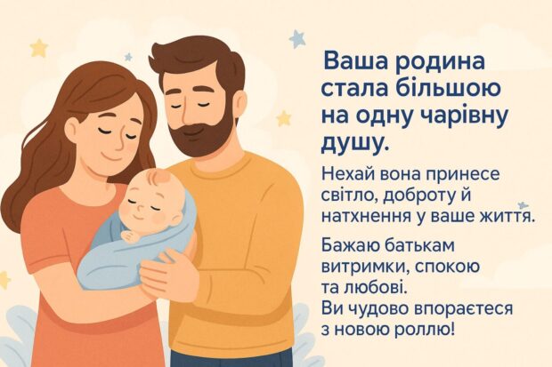 Ваша родина стала більшою на одну чарівну душу. Нехай вона принесе світло, доброту й натхнення у ваше життя. Бажаю батькам витримки, спокою та любові. Ви чудово впораєтеся з новою роллю!