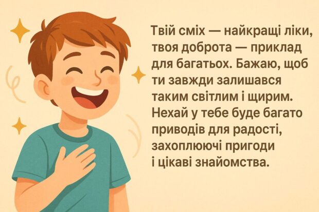 Твій сміх — найкращі ліки, твоя доброта — приклад для багатьох. Бажаю, щоб ти завжди залишався таким світлим і щирим. Нехай у тебе буде багато приводів для радості, захоплюючі пригоди й цікаві знайомства.