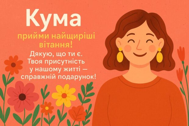 Кума, прийми найщиріші вітання! Здоров’я тобі — як у спортсмена, сил — як у козака, а настрою — як на весіллі. Нехай кожен день буде наповнений сонцем, навіть коли на вулиці дощ. Щоб серце твоє ніколи не знало смутку. Дякую, що ти є. Твоя присутність у нашому житті — справжній подарунок!