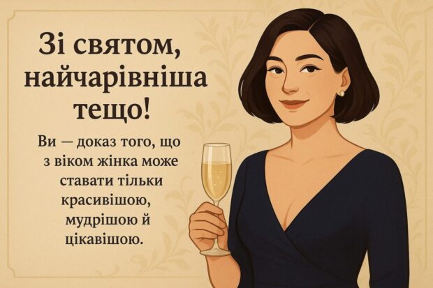 Зі святом, найчарівніша тещо! Ви — доказ того, що з віком жінка може ставати тільки красивішою, мудрішою й цікавішою. 