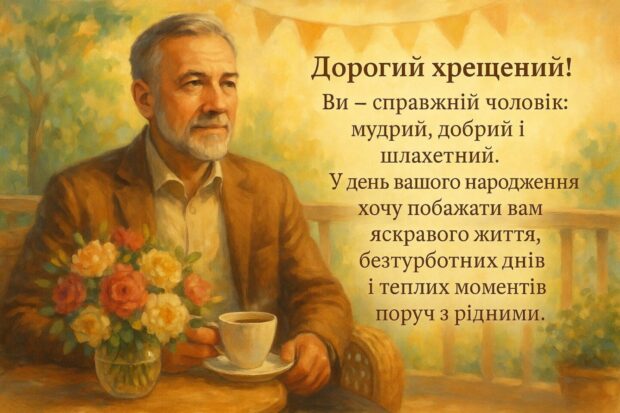 Дорогий хрещений! Ви — справжній чоловік: мудрий, добрий і шляхетний. У день вашого народження хочу побажати вам яскравого життя, безтурботних днів і теплих моментів поруч з рідними. 