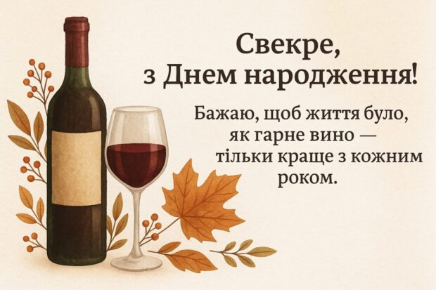 Свекре, з Днем народження! Бажаю, щоб життя було, як гарне вино — тільки краще з кожним роком.