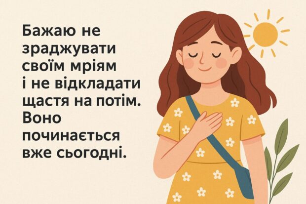 Бажаю не зраджувати своїм мріям і не відкладати щастя на потім. Воно починається вже сьогодні.