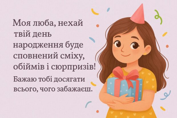 Моя люба, нехай твій день народження буде сповнений сміху, обіймів і сюрпризів! Бажаю тобі досягати всього, чого забажаєш.