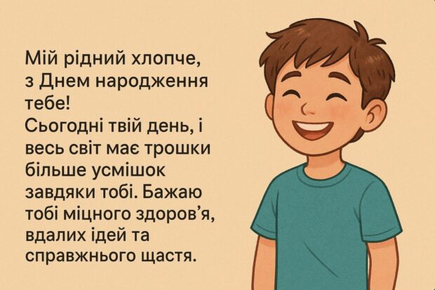Мій рідний хлопче, з Днем народження тебе! Сьогодні твій день, і весь світ має трошки більше усмішок завдяки тобі. Бажаю тобі міцного здоров’я, вдалих ідей та справжнього щастя. 