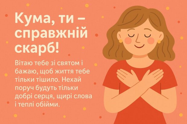 Кума, ти — справжній скарб! Вітаю тебе зі святом і бажаю, щоб життя тебе тільки тішило. Нехай поруч будуть тільки добрі серця, щирі слова і теплі обійми.