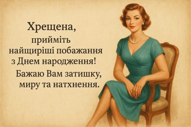 Хрещена, прийміть найщиріші побажання з Днем народження! Ви — приклад доброти, щирості й великодушності. Нехай кожен день буде щедрим на щастя, а кожен рік — на досягнення. Хай душа радіє кожній дрібниці. Бажаю Вам затишку, миру та натхнення.