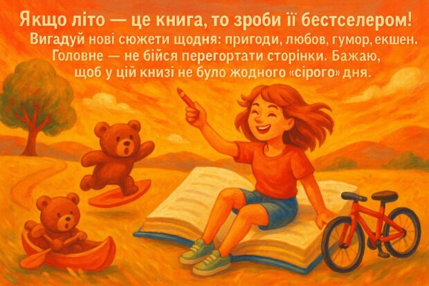 Якщо літо — це книга, то зроби її бестселером! Вигадуй нові сюжети щодня: пригоди, любов, гумор, екшен. Головне — не бійся перегортати сторінки. Бажаю, щоб у цій книзі не було жодного “сірого” дня.