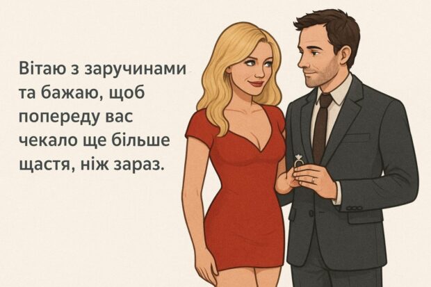 Вітаю з заручинами та бажаю, щоб попереду вас чекало ще більше щастя, ніж зараз. 