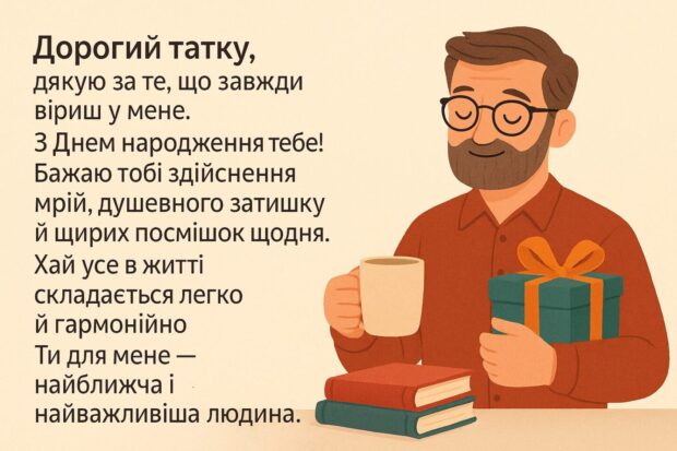Дорогий татку, дякую за те, що завжди віриш у мене. З Днем народження тебе! Бажаю тобі здійснення мрій, душевного затишку й щирих посмішок щодня. Хай усе в житті складається легко й гармонійно. Ти для мене — найближча і найважливіша людина.