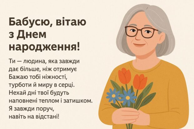Бабусю, вітаю з Днем народження! Ти — людина, яка завжди дає більше, ніж отримує. Бажаю тобі ніжності, турботи й миру в серці. Нехай дні твої будуть наповнені теплом і затишком. Я завжди поруч, навіть на відстані!