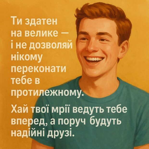 Ти здатен на велике — і не дозволяй нікому переконати тебе в протилежному. Хай твої мрії ведуть тебе вперед, а поруч будуть надійні друзі. 