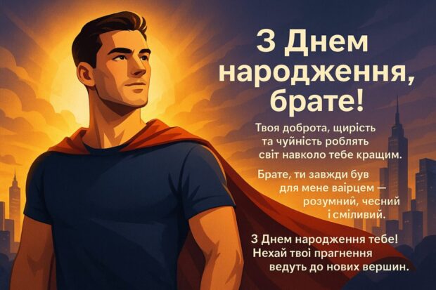 Брате, ти завжди був для мене взірцем — розумний, чесний і сміливий. З Днем народження тебе! Хай кожна твоя мрія наближається з кожним новим ранком. Будь щасливим — ти це заслужив.