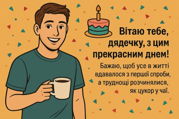 Вітаю тебе, дядечку, з цим прекрасним днем! Бажаю, щоб усе в житті вдавалося з першої спроби, а труднощі розчинялися, як цукор у чаї. 