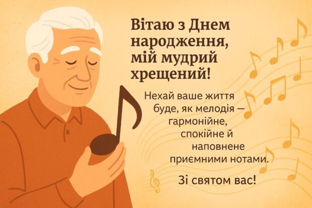 Вітаю з Днем народження, мій мудрий хрещений! Нехай ваше життя буде, як мелодія — гармонійне, спокійне й наповнене приємними нотами. 