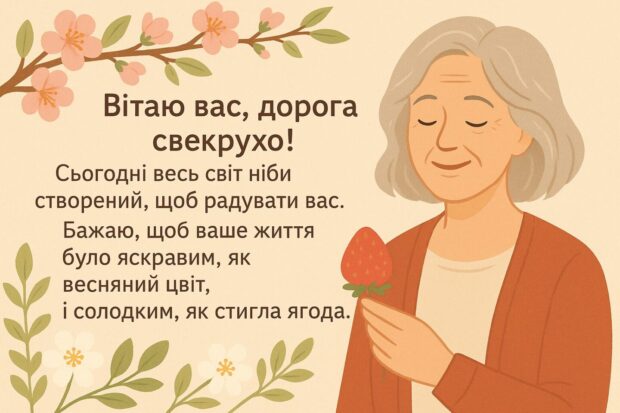 Вітаю вас, дорога свекрухо! Сьогодні весь світ ніби створений, щоб радувати вас. Бажаю, щоб ваше життя було яскравим, як весняний цвіт, і солодким, як стигла ягода. 