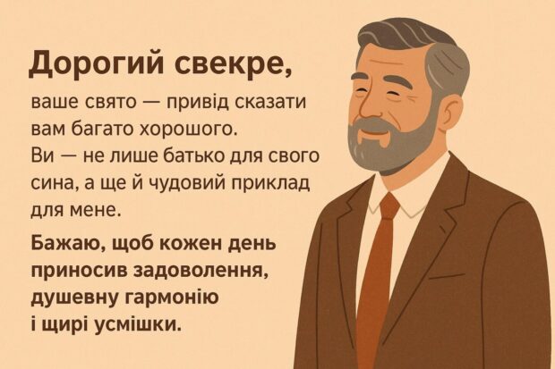Дорогий свекре, ваше свято — привід сказати вам багато хорошого. Ви — не лише батько для свого сина, а ще й чудовий приклад для мене. Бажаю, щоб кожен день приносив задоволення, душевну гармонію і щирі усмішки. 
