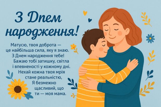 Матусю, твоя доброта — це найбільша сила, яку я знаю. З Днем народження тебе! Бажаю тобі затишку, світла і впевненості у кожному дні. Нехай кожна твоя мрія стане реальністю. Я безмежно щасливий, що ти — моя мама.
