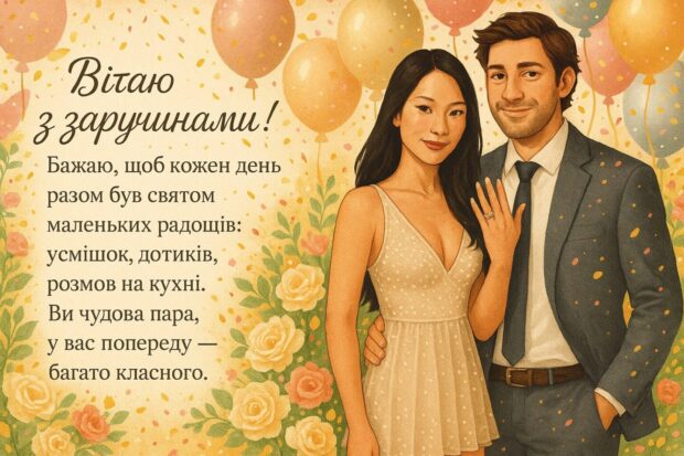 Вітаю з заручинами! Бажаю, щоб кожен день разом був святом маленьких радощів: усмішок, дотиків, розмов на кухні. Ви чудова пара, у вас попереду — багато класного.