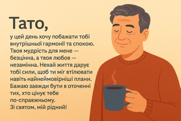 Тато, у цей день хочу побажати тобі внутрішньої гармонії та спокою. Твоя мудрість для мене — безцінна, а твоя любов — незамінна. Нехай життя дарує тобі сили, щоб ти міг втілювати навіть найнеймовірніші плани. Бажаю завжди бути в оточенні тих, хто цінує тебе по-справжньому. Зі святом, мій рідний!