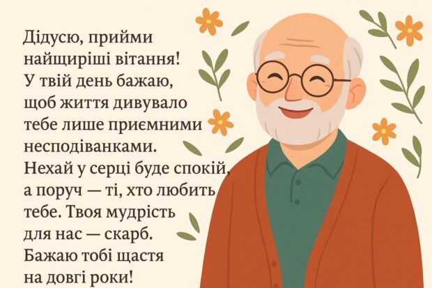 Дідусю, прийми найщиріші вітання! У твій день бажаю, щоб життя дивувало тебе лише приємними несподіванками. Нехай у серці буде спокій, а поруч — ті, хто любить тебе. Твоя мудрість для нас — скарб. Бажаю тобі щастя на довгі роки!