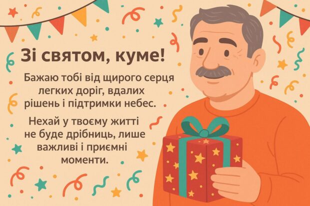 Зі святом, куме! Бажаю тобі від щирого серця легких доріг, вдалих рішень і підтримки небес. Нехай у твоєму житті не буде дрібниць, лише важливі і приємні моменти. 