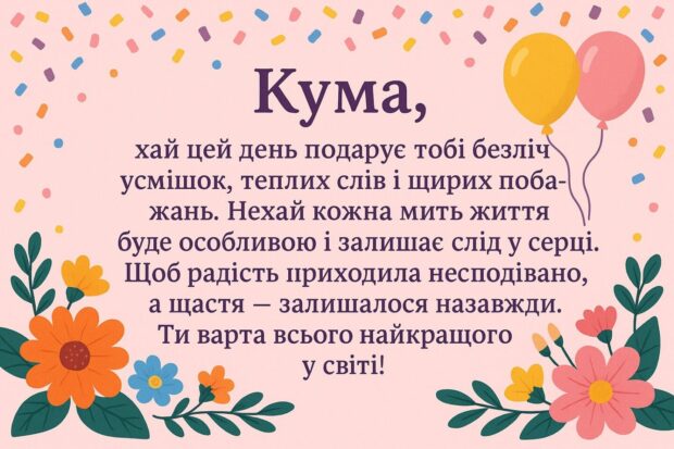 Кума, хай цей день подарує тобі безліч усмішок, теплих слів і щирих побажань. Нехай кожна мить життя буде особливою і залишає слід у серці. Щоб радість приходила несподівано, а щастя — залишалося назавжди. Ти варта всього найкращого у світі!