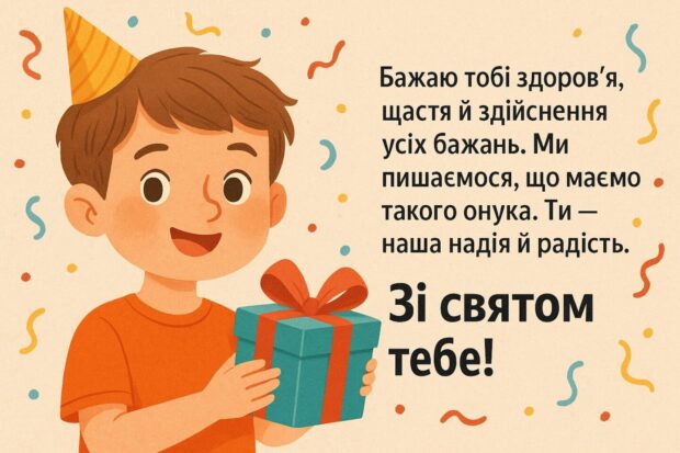 Бажаю тобі здоров’я, щастя й здійснення усіх бажань. Ми пишаємось, що маємо такого онука. Ти — наша надія й радість. Зі святом тебе!