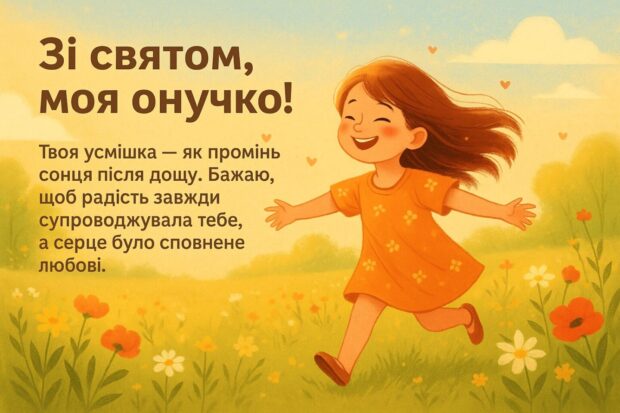 Зі святом, моя онучко! Твоя усмішка — як промінь сонця після дощу. Бажаю, щоб радість завжди супроводжувала тебе, а серце було сповнене любові. 
