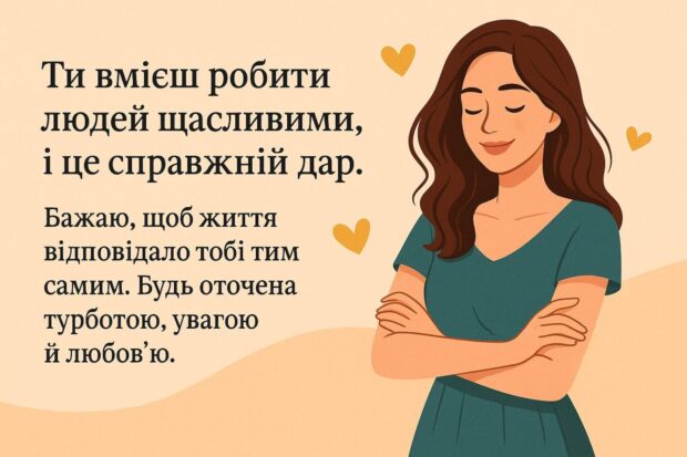 Ти вмієш робити людей щасливими, і це справжній дар. Бажаю, щоб життя відповідало тобі тим самим. Будь оточена турботою, увагою й любов’ю.