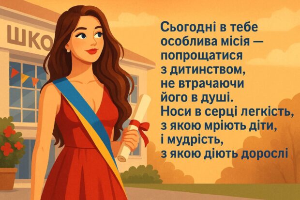 Сьогодні в тебе особлива місія — попрощатися з дитинством, не втрачаючи його в душі. Носи в серці легкість, з якою мріють діти, і мудрість, з якою діють дорослі. 