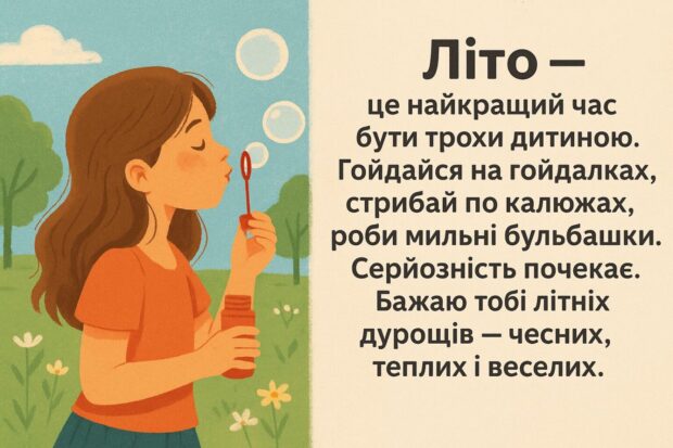 Літо — це найкращий час бути трохи дитиною. Гойдайся на гойдалках, стрибай по калюжах, роби мильні бульбашки. Серйозність почекає. Бажаю тобі літніх дурощів — чесних, теплих і веселих.