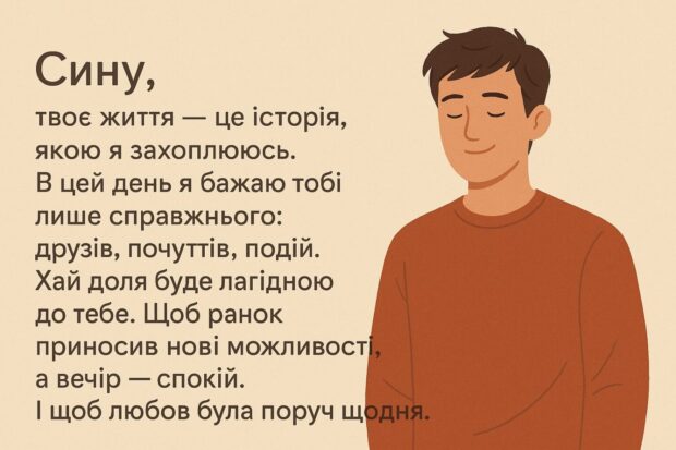 Сину, твоє життя — це історія, якою я захоплююсь. В цей день я бажаю тобі лише справжнього: друзів, почуттів, подій. Хай доля буде лагідною до тебе. Щоб ранок приносив нові можливості, а вечір — спокій. І щоб любов була поруч щодня.