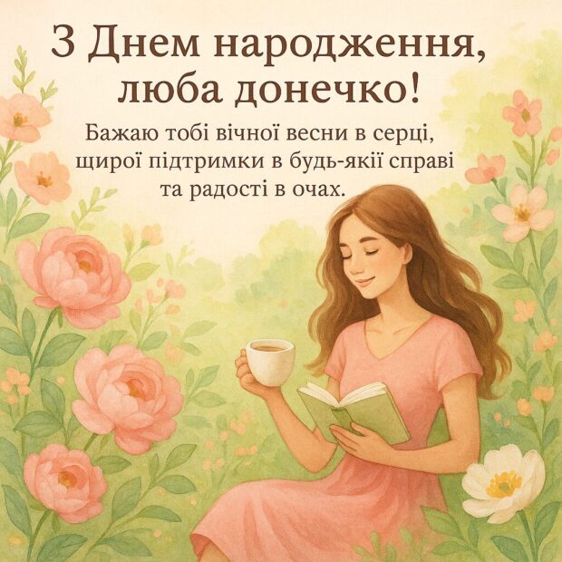 З Днем народження, люба донечко! Бажаю тобі вічної весни в серці, щирої підтримки в будь-якій справі та радості в очах. 