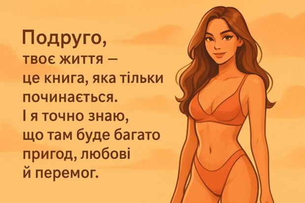 Подруго, твоє життя — це книга, яка тільки починається. І я точно знаю, що там буде багато пригод, любові й перемог.