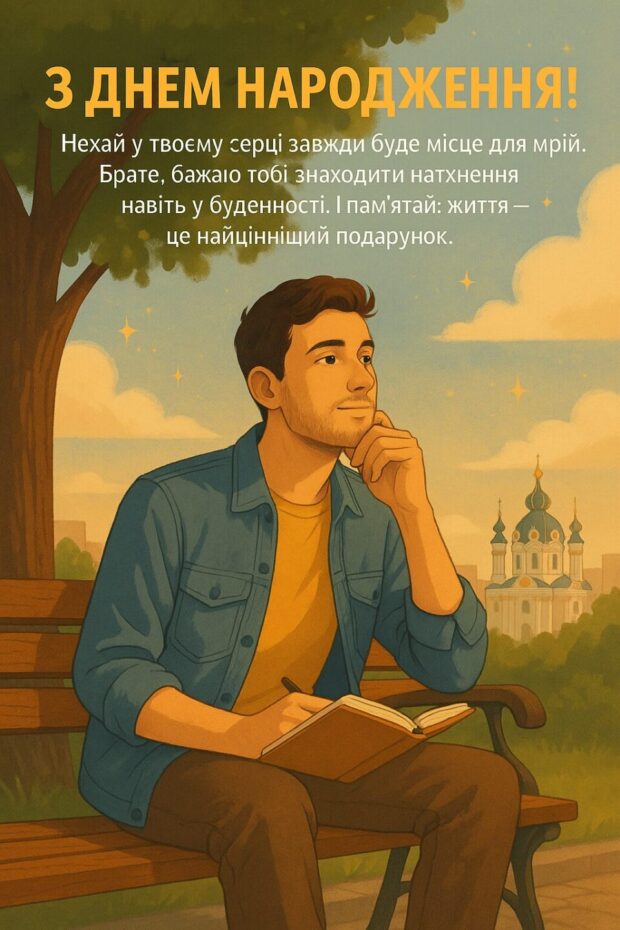 З Днем народження! Нехай у твоєму серці завжди буде місце для мрій. Брате, бажаю тобі знаходити натхнення навіть у буденності. І пам’ятай: життя — це найцінніший подарунок.