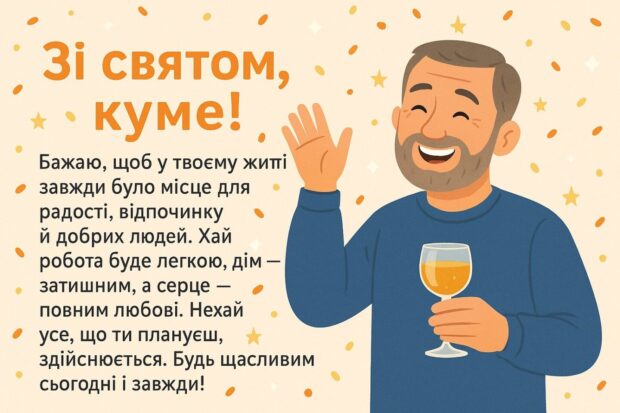 Зі святом, куме! Бажаю, щоб у твоєму житті завжди було місце для радості, відпочинку й добрих людей. Хай робота буде легкою, дім — затишним, а серце — повним любові. Нехай усе, що ти плануєш, здійснюється. Будь щасливим сьогодні і завжди!