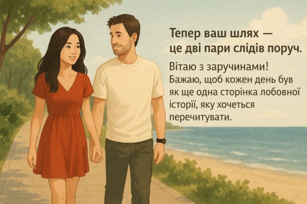 Тепер ваш шлях — це дві пари слідів поруч. Вітаю з заручинами! Бажаю, щоб кожен день був як ще одна сторінка любовної історії, яку хочеться перечитувати. Нехай буде багато сміху, підтримки й домашнього щастя.