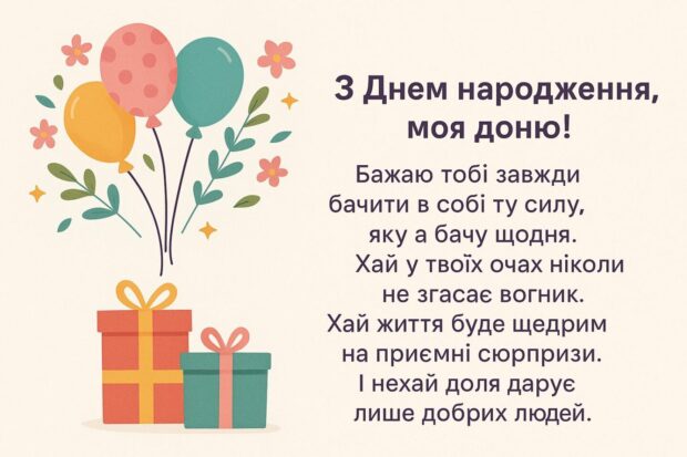 З Днем народження, моя доню! Бажаю тобі завжди бачити в собі ту силу, яку я бачу щодня. Хай у твоїх очах ніколи не згасає вогник. Хай життя буде щедрим на приємні сюрпризи. І нехай доля дарує лише добрих людей.