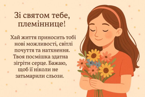 Зі святом тебе, племіннице! Хай життя приносить тобі нові можливості, світлі почуття та натхнення. Твоя посмішка здатна зігріти серце. Бажаю, щоб її ніколи не затьмарили сльози.