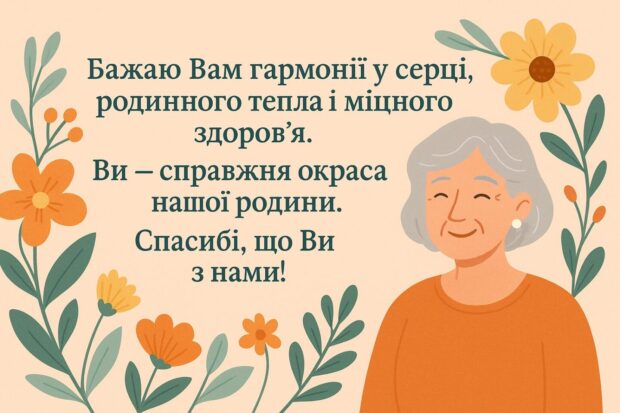 Бажаю вам гармонії у серці, родинного тепла і міцного здоров’я. Ви — справжня окраса нашої родини. Спасибі, що ви з нами!