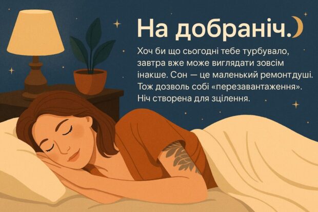 На добраніч. Хоч би що сьогодні тебе турбувало, завтра вже може виглядати зовсім інакше. Сон — це маленький ремонт душі. Тож дозволь собі «перезавантаження». Ніч створена для зцілення.